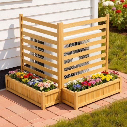 Houten privacyscherm met geïntegreerde plantenbak voor airconditioners en tuinaccessoires