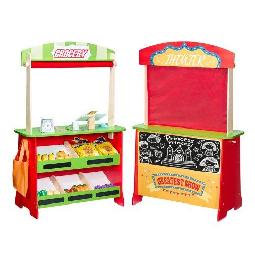 2‑in‑1 Houten Poppentheater & Supermarkt Speelset voor Kinderen vanaf 3 Jaar