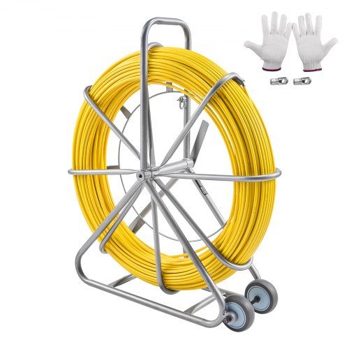 200 m Duct‑rodder met stalen reel en drie trekkoppen – Niet‑geleidend vislint voor kabelinstallatie