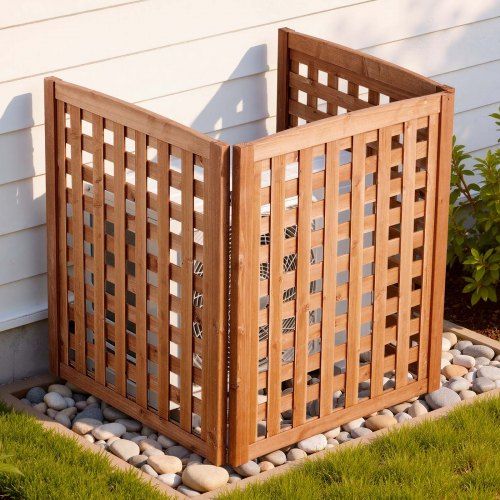 Driedelige houten privacyschutting voor airconditioners – stijlvolle bescherming voor tuin en terras