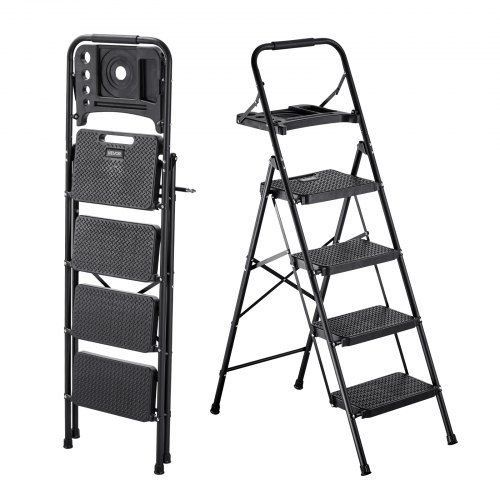 4‑traps opvouwbare ladder met gereedschapsbak – stevig, veilig en ruimtebesparend