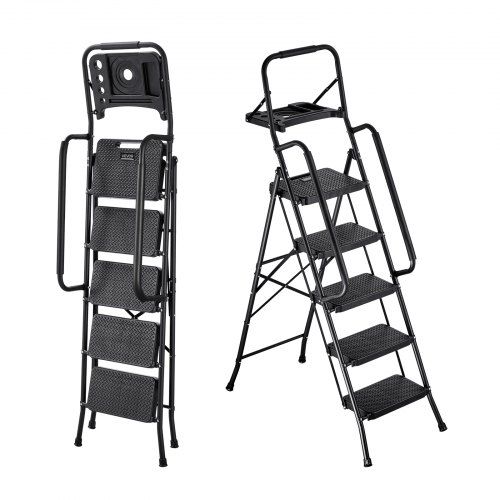 Compact 5‑treden opvouwbare ladder met handgereedschapshouder – sterk, veilig en ruimtebesparend