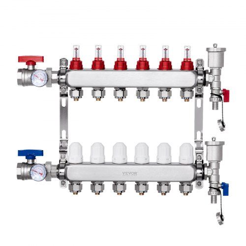 6‑kantige roestvrijstalen warmteverdeler voor vloerverwarming – efficiënte 5 L/min PEX‑verdeelsysteem