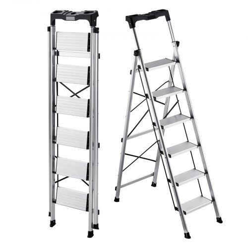 6‑treden vouwladder met antislip treden en praktische gereedschapsbak – compact, stevig en veilig
