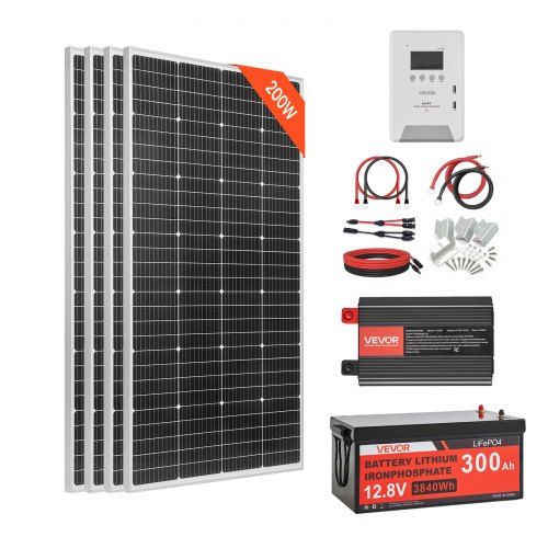 Complete Off‑grid Zonnekit: 800 W, 12 V met LiFePO₄ Accu en 2 kW Omvormer