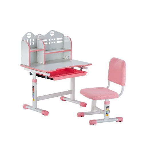 Hoogteverstelbare kinderbureauset in roze met stoel, lade en haken – comfort en groei gegarandeerd