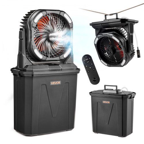 Draagbare campingventilator met 9 L watertank, 4 windsnelheden en 5 lichtstanden – ideaal voor buitenavonturen