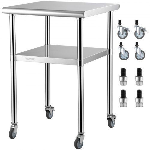 Robuuste roestvrijstalen werktafel 61 × 61 cm met dubbele plank – ideaal voor elke keuken