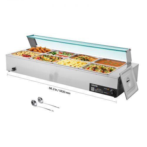 Elektrische Roestvrijstalen Voedselverwarmer 8 × ½ L met Glazen Deksel – Ideaal voor Catering & Restaurant