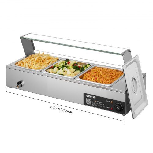 Professionele commerciële voedselwarmer 1,5 kW met glazen deksel en 3 roestvrijstalen containers – ideale oplossing voor buffetten en catering