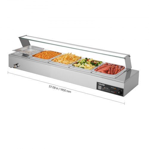 Commerciële voedselwarmer met glazen deksel en 5 containers – praktische keuze voor elk buffet