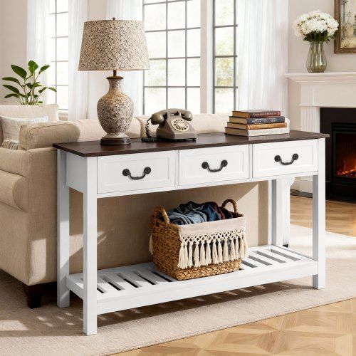 Landelijke Consoletafel met lades en opbergvak – Smalle bijzettafel 120 × 30 × 80 cm