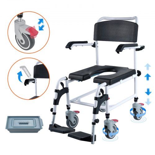 Douche‑ en toiletrolstoel met verstelbare hoogte, opvouwbare armleuningen en 5 liters emmer – optimale mobiliteit en comfort
