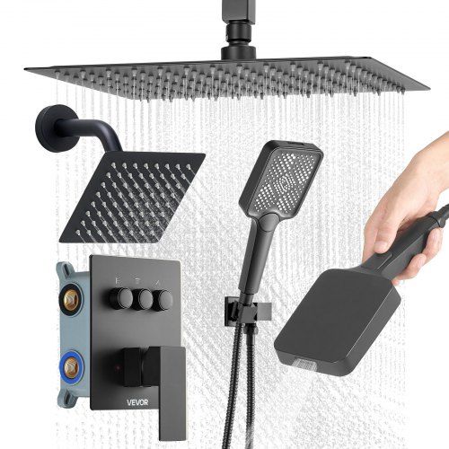 Luxueus matzwart 12‑inch douchesysteem met 4‑in‑1 handdouche en dubbele regenkop