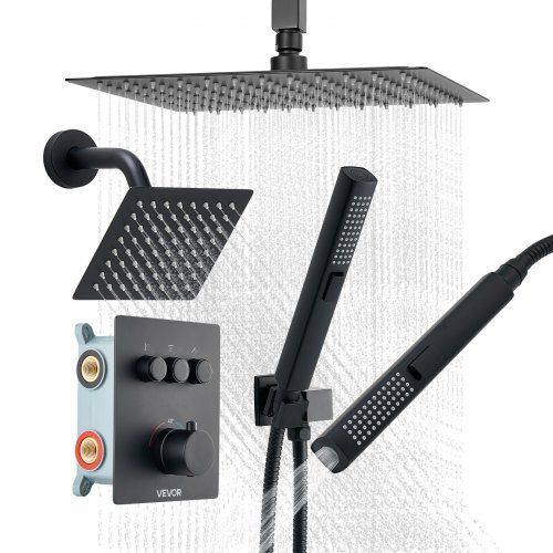 Matzwart Douchesysteem met regendouche, handdouche en thermostaat – complete begeleiding