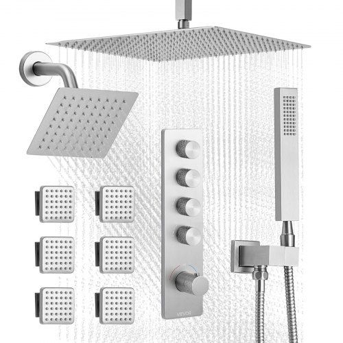 Douchesysteem met 16” Regen en 6” Wandmontage – 4 Functies, 6 Bodyjets, Massage & Thermostaat
