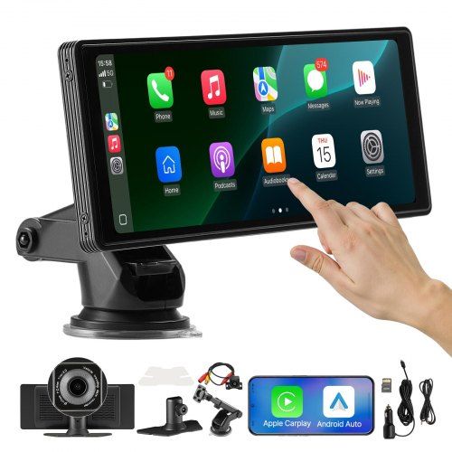 Draadloze 10‑inch CarPlay‑ en Android Auto‑autoradio met touchscreen en camera’s