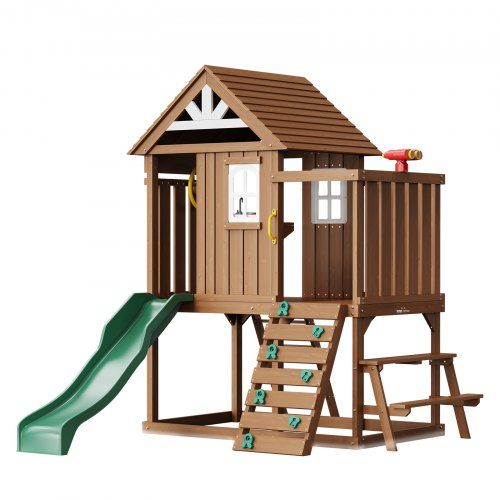 Cederhouten speelhuis met glijbaan, klimwand en picknicktafel – ideaal voor kinderen 2‑10 jaar