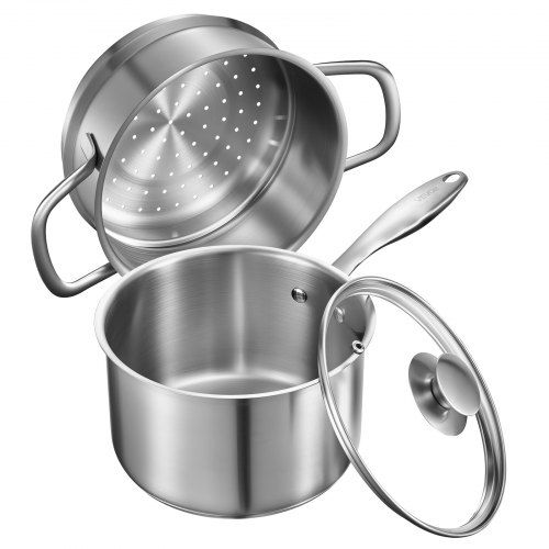 Multifunctionele roestvrijstalen kookpot 2,5 L met glazen deksel en geïntegreerde stoominzet