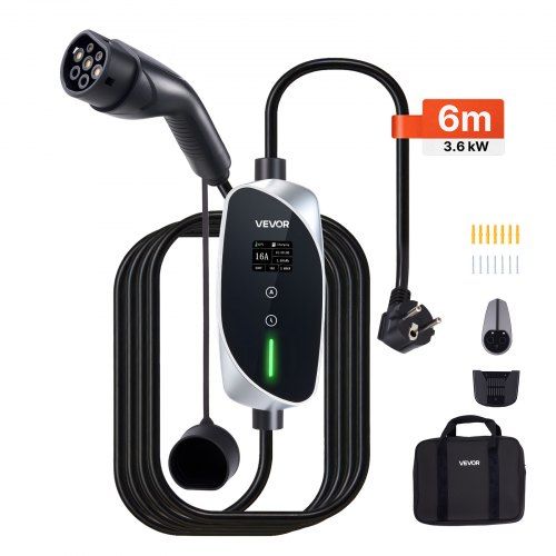 Mobiele 3,6 kW Type 2 Wallbox met 6 m TPU‑kabel – Flexibel thuisladen voor elke EV