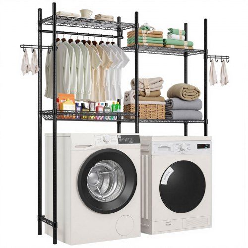 Optimale opbergruimte boven je wasmachine: een slimme 4‑laagse droogrek met stang en haken