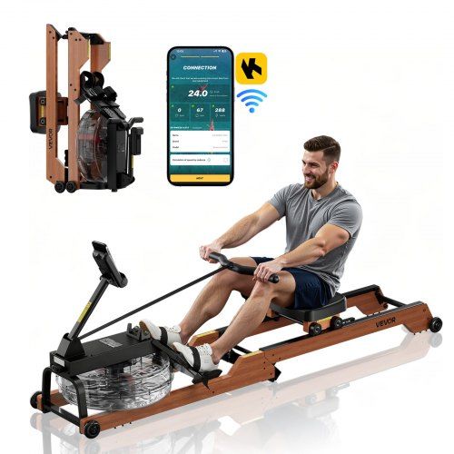 Waterroeitrainer met 6‑traps weerstand, opvouwbaar houtframe en Bluetooth‑app