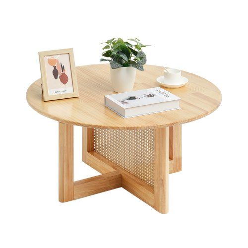 Ronde Boho Rotan Salontafel met Rubberhouten Blad – Handgemaakt, Ruim & Stevig