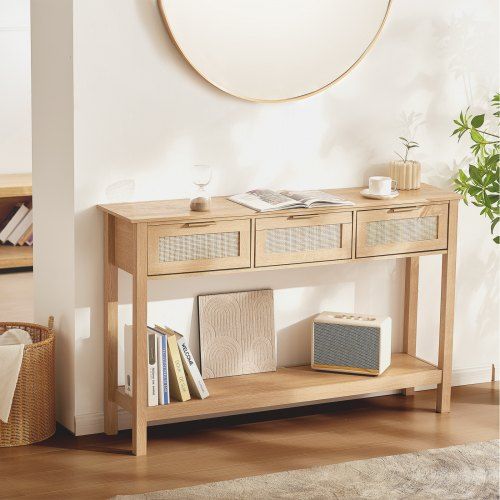 Rotan consoletafel met drie lades – Stijlvolle opberingsoplossing voor elke hal