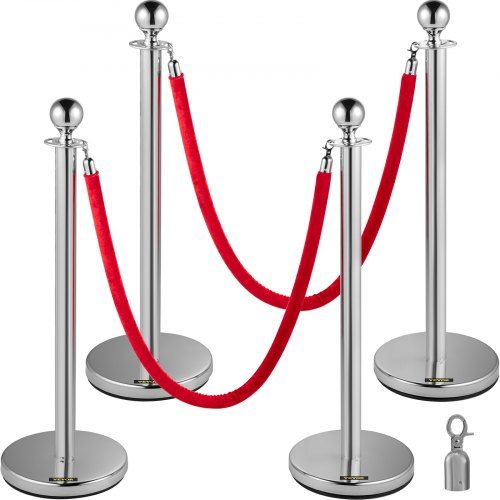 Stijlvolle RVS crowd control stanchions met rode fluwelen touwen – 4‑pack