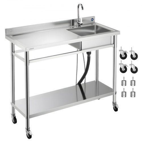 RVS werkspoeltafel met 3‑in‑1 spoelbak en wielen – ideaal voor garage, buitenkeuken en restaurant