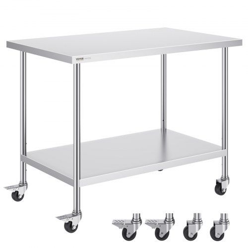 RVS werktafel met 4 wielen en 3 verstelbare hoogtes – robuuste keukentafel voor commerciële keukens