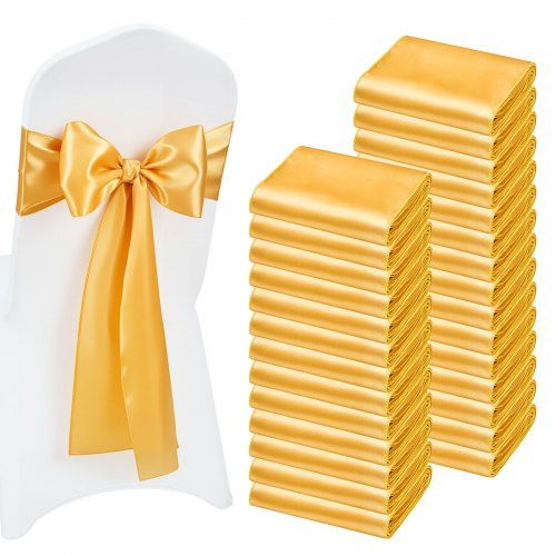 Satijnen stoelriemen met gouden strikken – luxe decoratie voor bruiloften en feesten