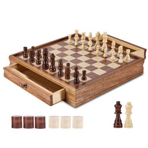Massief houten schaak‑ en damspelset met opberglade: een duurzame klassieker voor elke speeltafel