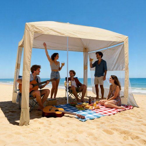 Strandcabana 2,4 × 2,4 m met UPF 50+ – Veelzijdige en draagbare zonschuiling voor het gezin