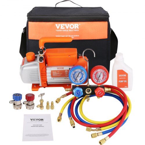 Krachtige 1‑traps vacuümpomp 100 l/min met manometerset – ideaal voor airco‑onderhoud
