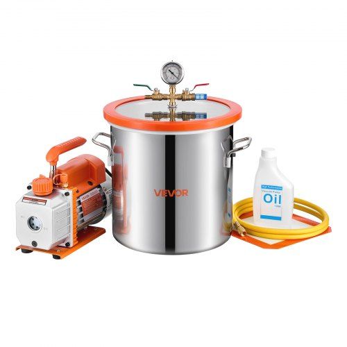 Efficiënte vacuümpomp met 11,4 L roestvrijstalen vacuümkamer – complete set voor houtstabilisatie en ontgassen