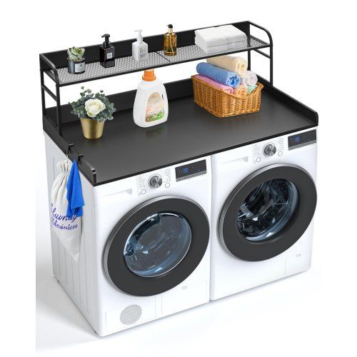 Zwart wasmachine‑ en drogeraanrecht met 2‑laags plank – Ruim, robuust en stijlvol