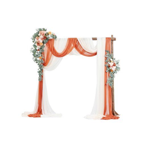 Romantische Oranjekleurige Trouwboogset met Transparante Gordijnen – Een Compleet Dekoratiepakket voor Jouw Bruiloft