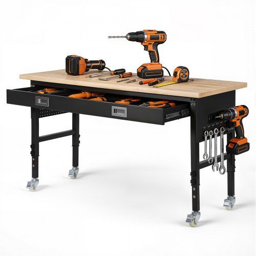 Duurzame en verstelbare garagewerkbank 1524 × 610 mm – Sterk, mobiel en slim uitgerust